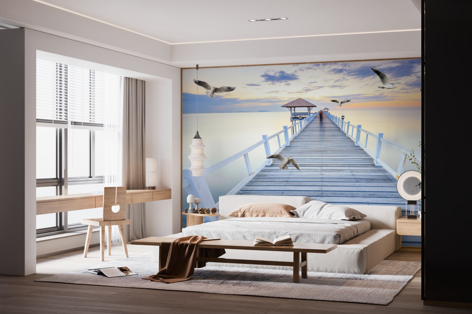 Fototapeta drevené molo a lietajúce čajky