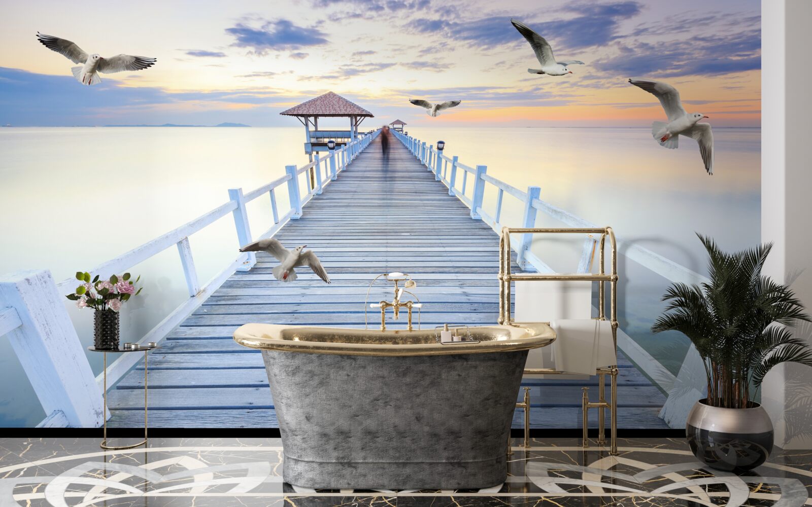 Fototapeta drevené molo a lietajúce čajky