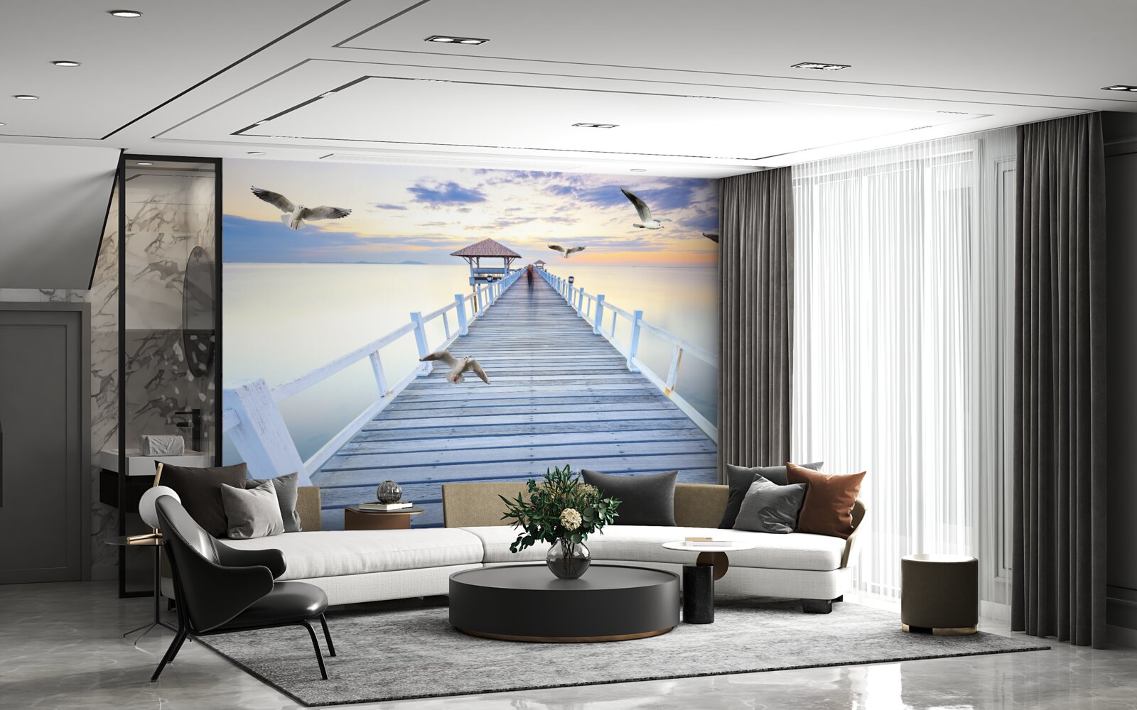 Fototapeta drevené molo a lietajúce čajky