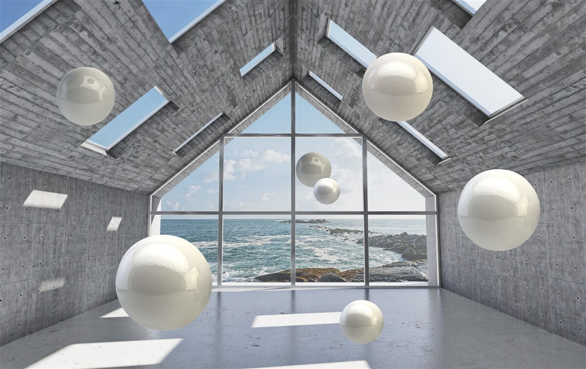 Fototapeta plávajúce sférické perly vo vnútri šedej budovy