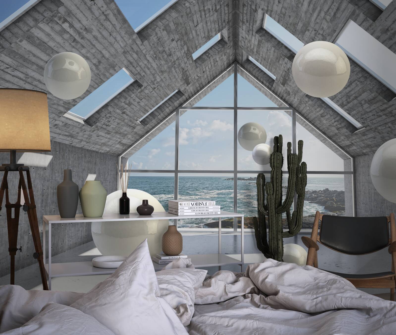 Fototapeta plávajúce sférické perly vo vnútri šedej budovy