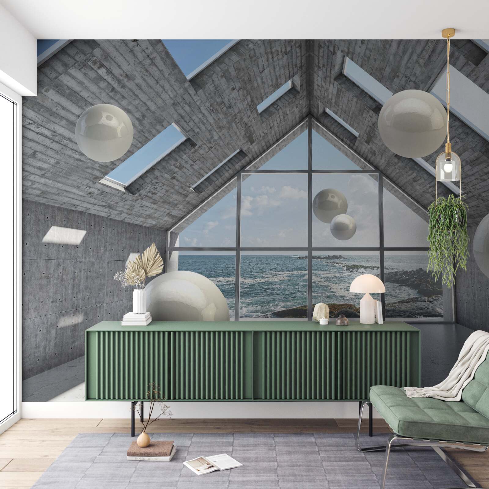 Fototapeta plávajúce sférické perly vo vnútri šedej budovy