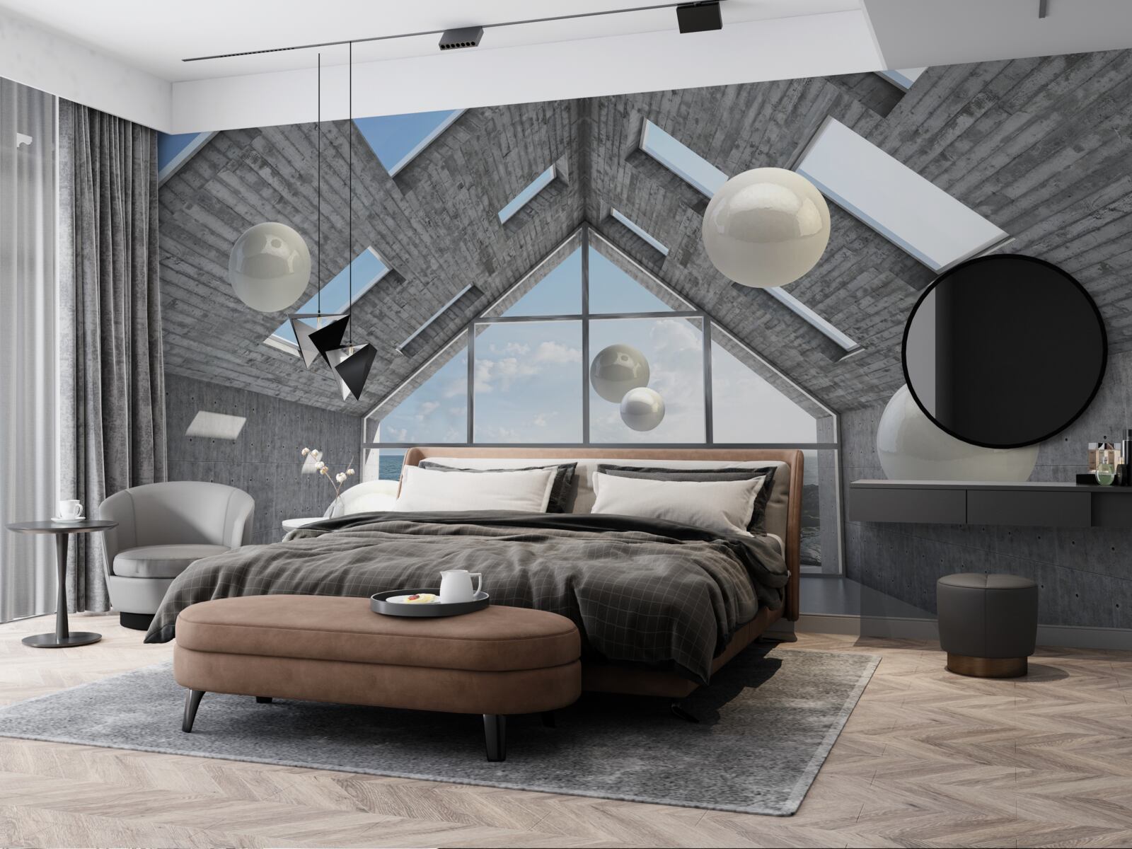 Fototapeta plávajúce sférické perly vo vnútri šedej budovy