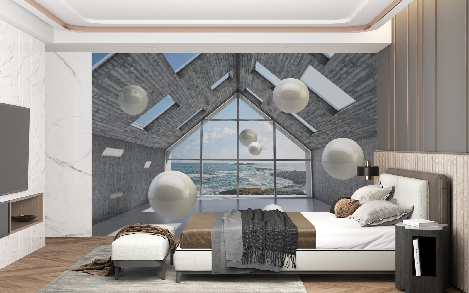 Fototapeta plávajúce sférické perly vo vnútri šedej budovy