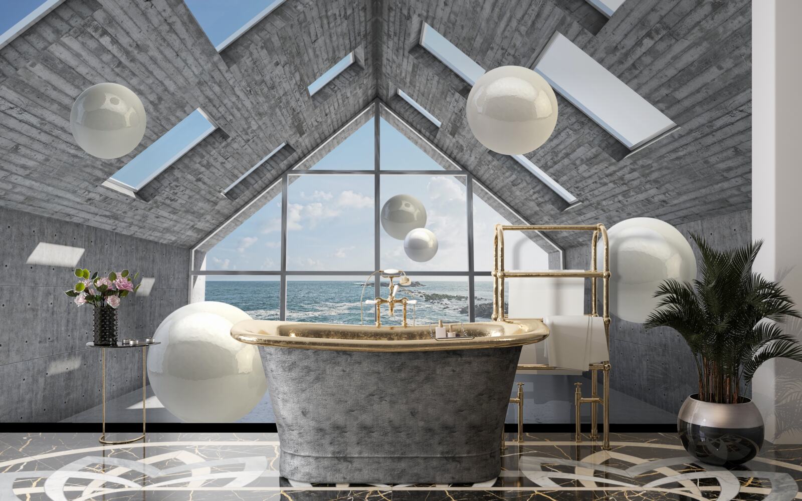 Fototapeta plávajúce sférické perly vo vnútri šedej budovy