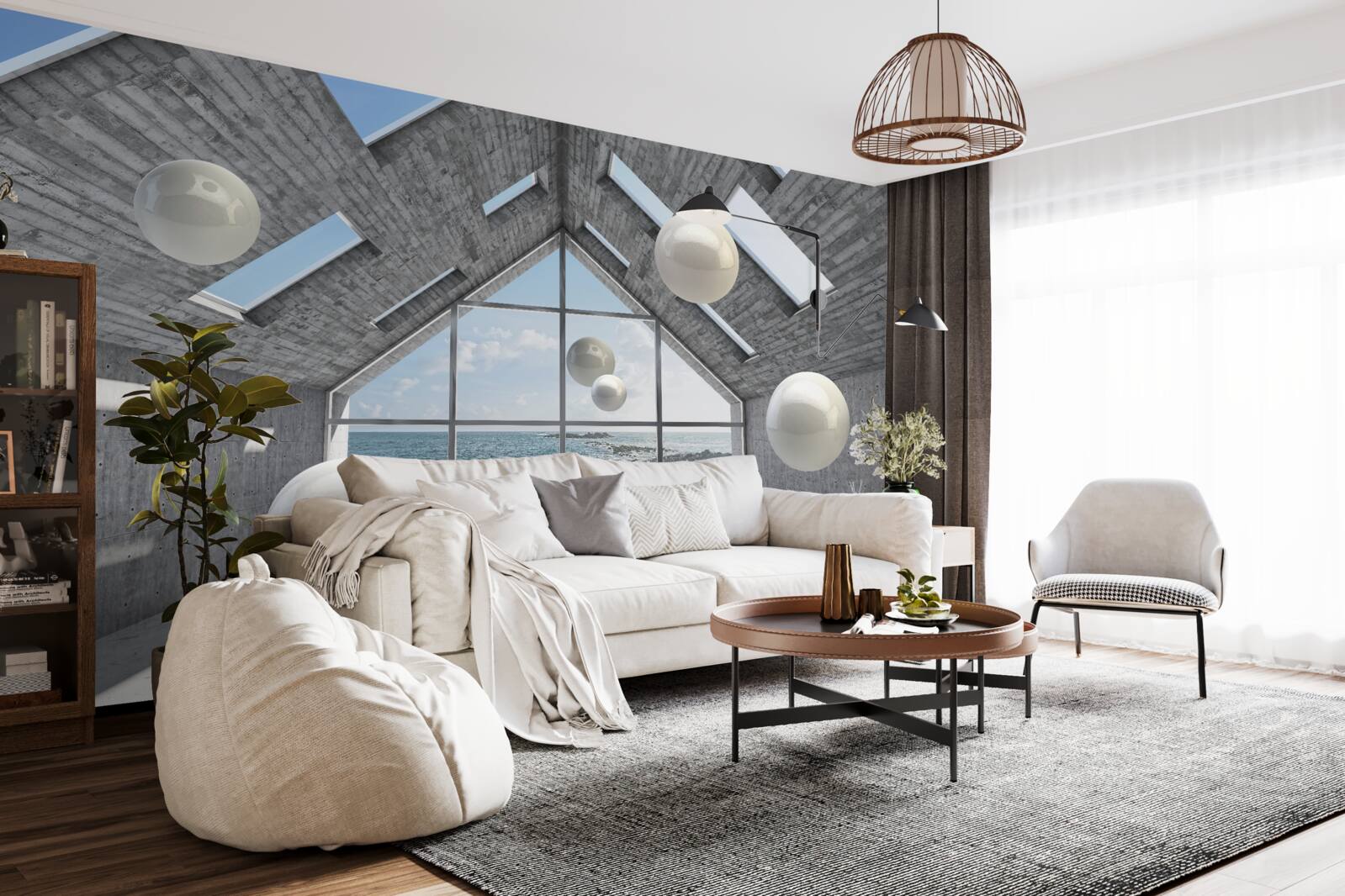 Fototapeta plávajúce sférické perly vo vnútri šedej budovy