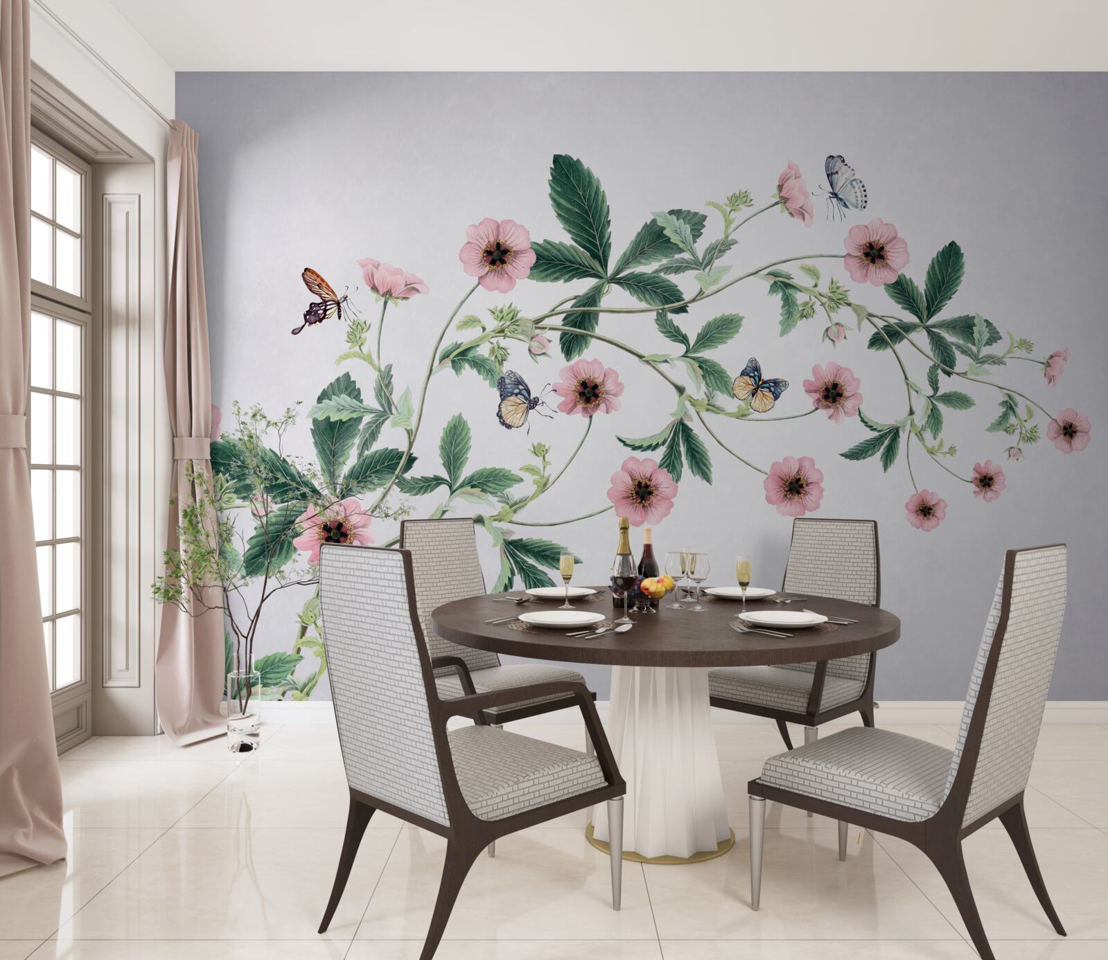 Fototapeta ružové púčiky na konároch na sivom podklade