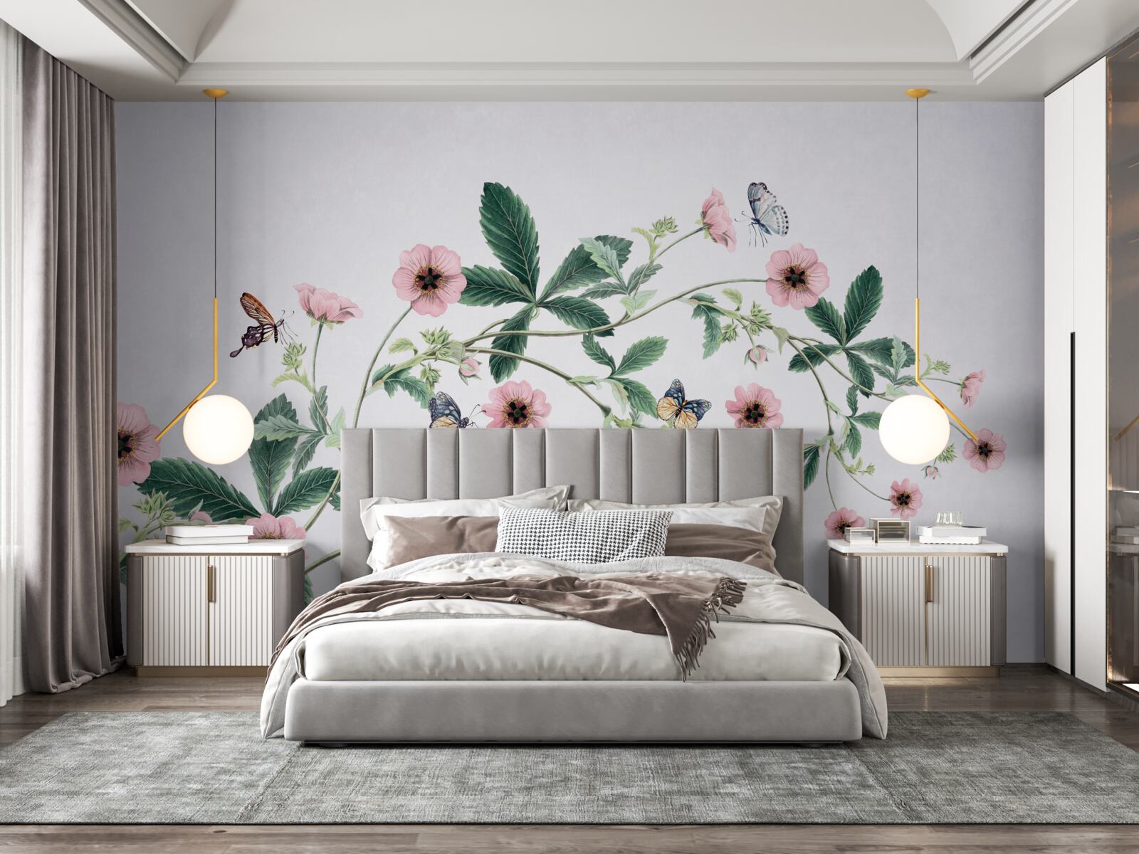 Fototapeta ružové púčiky na konároch na sivom podklade