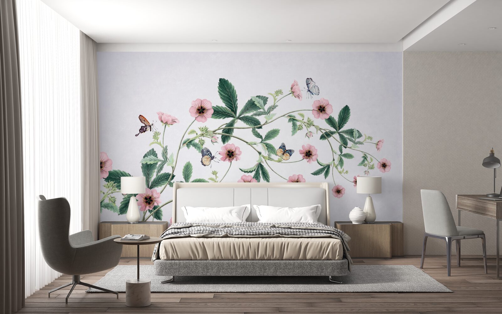 Fototapeta ružové púčiky na konároch na sivom podklade