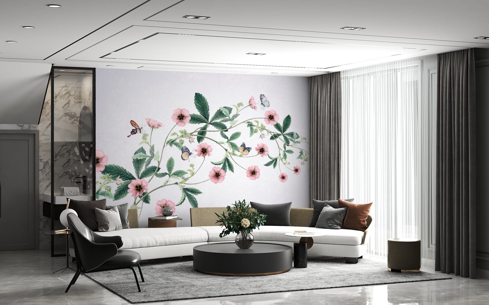 Fototapeta ružové púčiky na konároch na sivom podklade