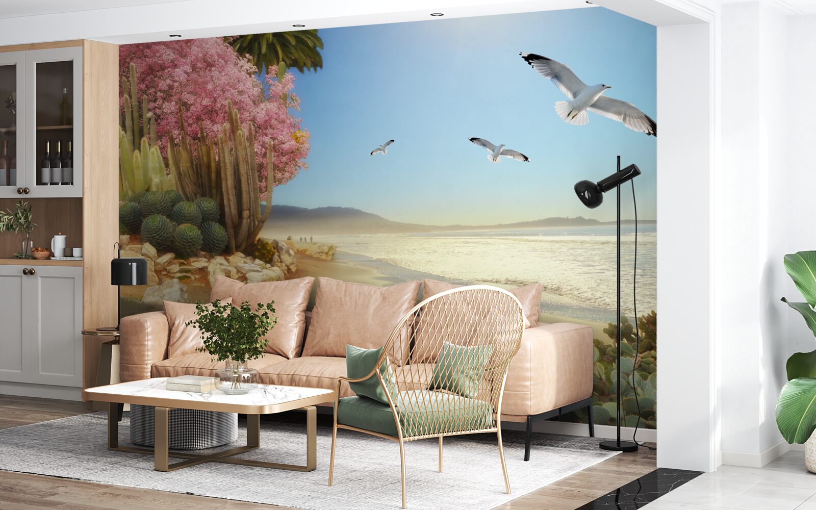 Fototapeta Nad mierovým pobrežím prelietava kŕdeľ čajok