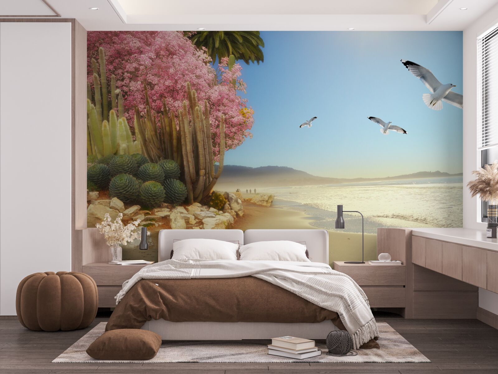 Fototapeta Nad mierovým pobrežím prelietava kŕdeľ čajok