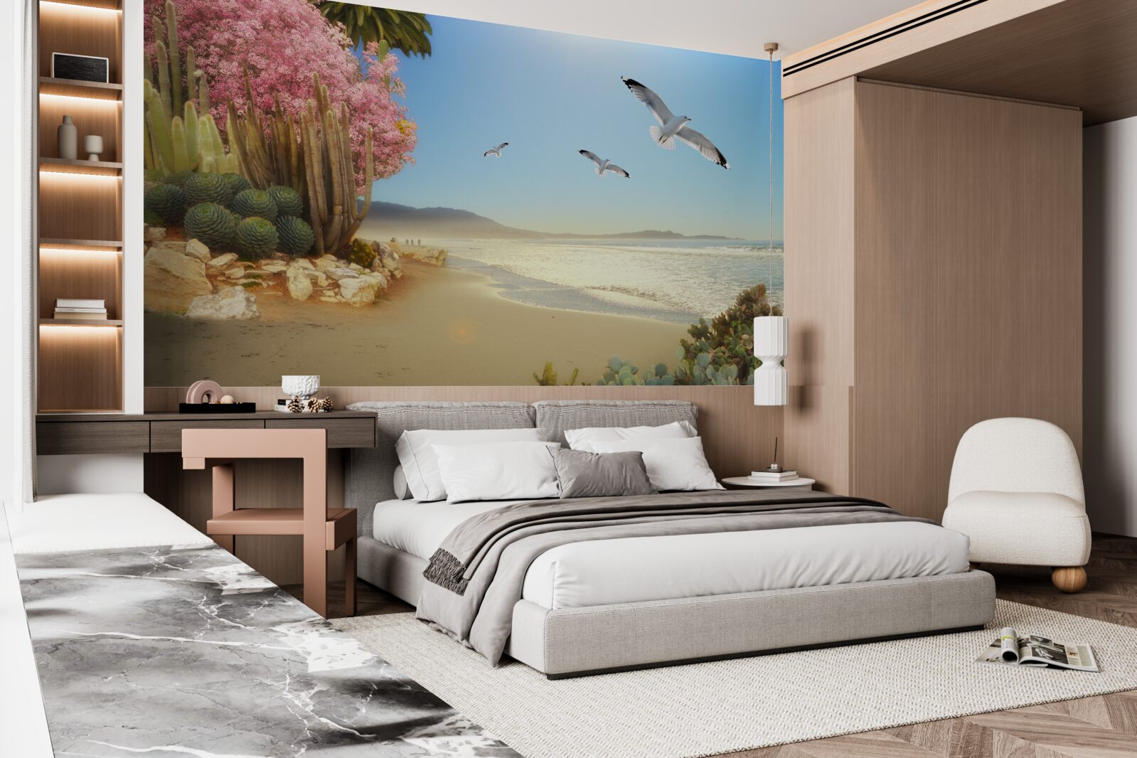 Fototapeta Nad mierovým pobrežím prelietava kŕdeľ čajok