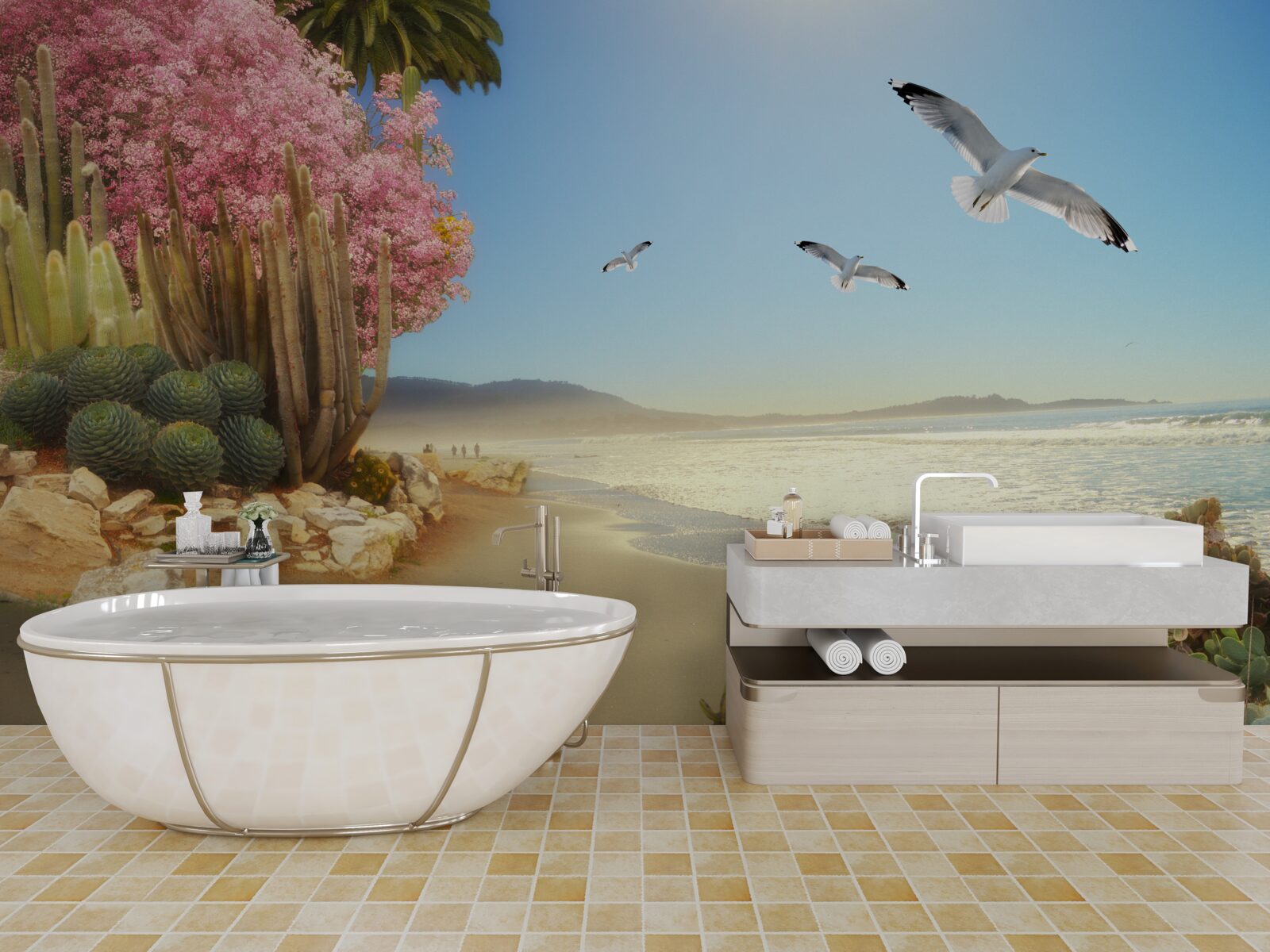 Fototapeta Nad mierovým pobrežím prelietava kŕdeľ čajok