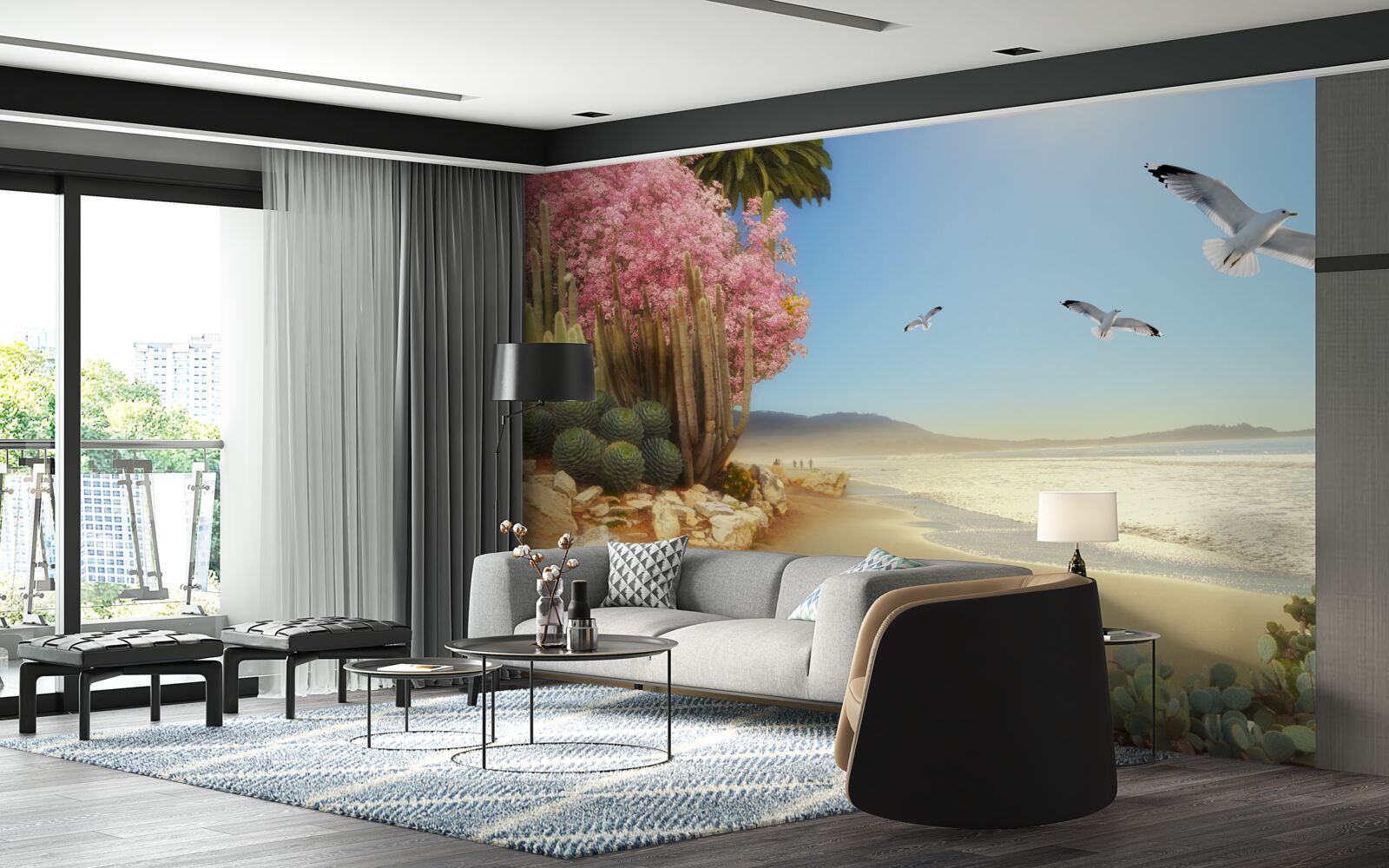 Fototapeta Nad mierovým pobrežím prelietava kŕdeľ čajok