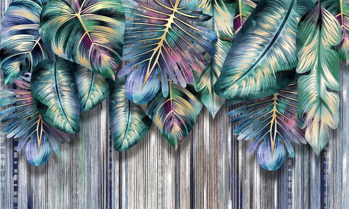 Fototapeta Na vrchu sú namaľované tropické listy s jasnými farbami