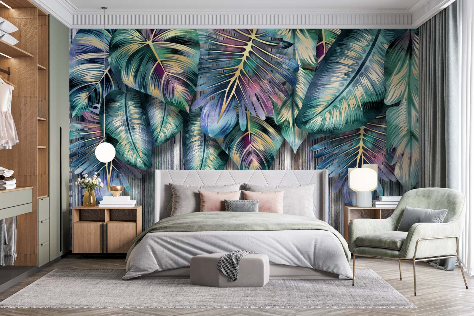 Fototapeta Na vrchu sú namaľované tropické listy s jasnými farbami