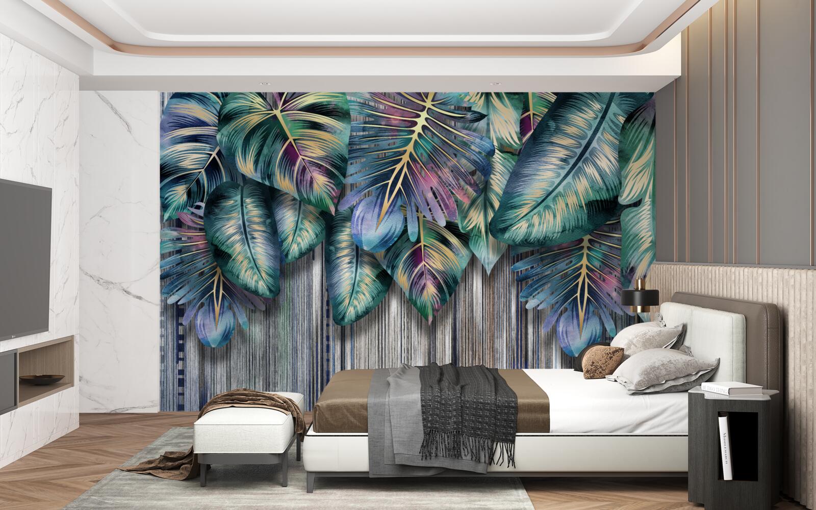 Fototapeta Na vrchu sú namaľované tropické listy s jasnými farbami