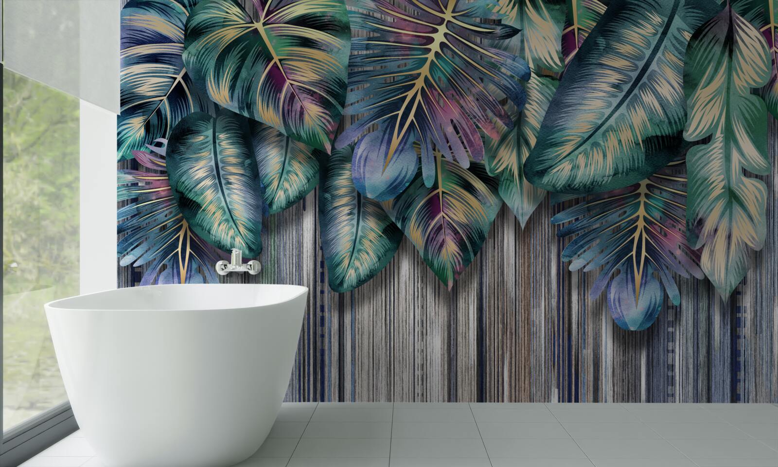 Fototapeta Na vrchu sú namaľované tropické listy s jasnými farbami