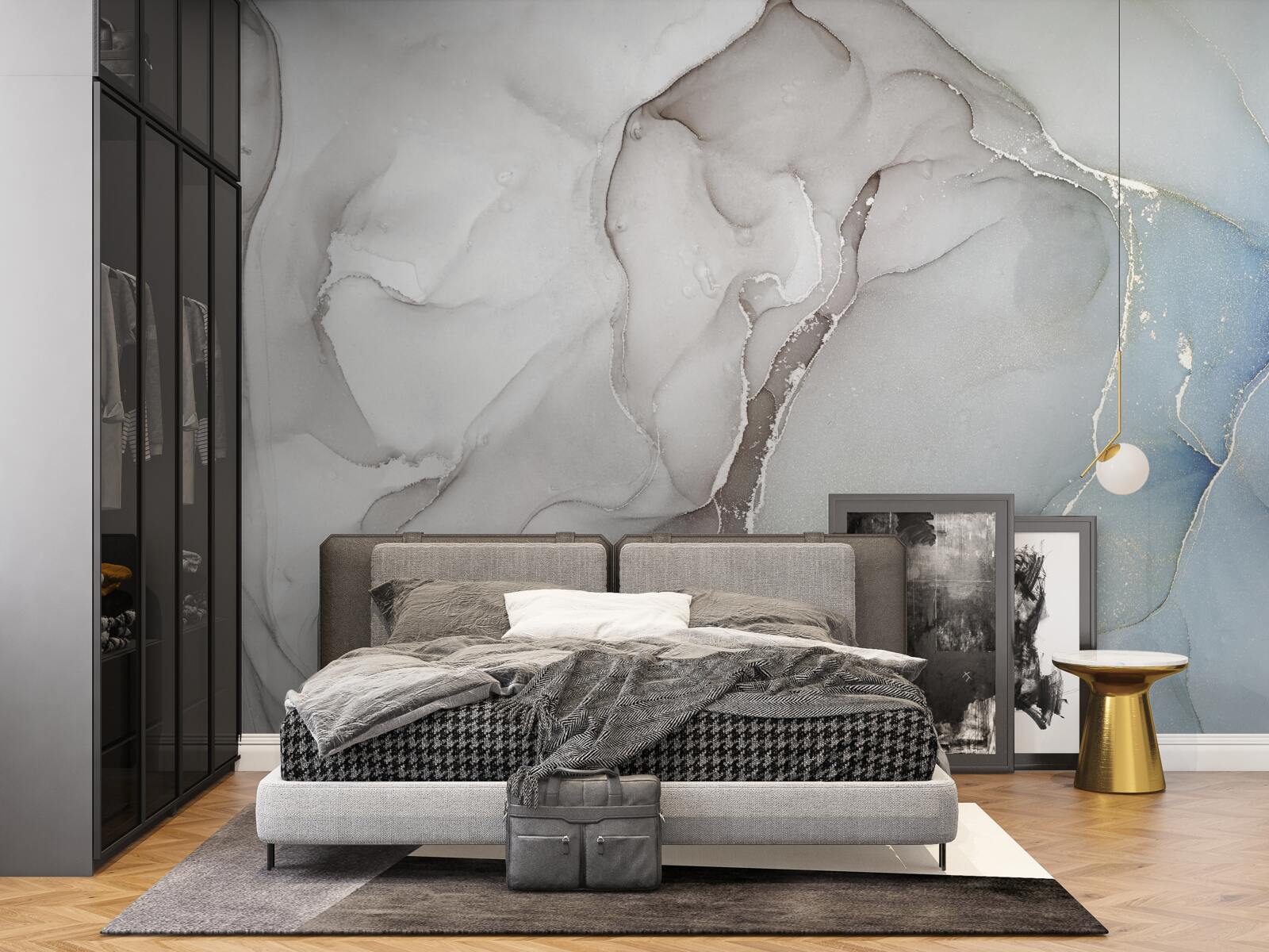 Fototapeta svetlosivý mramor popretkávaný zlatými a modrými odtieňmi