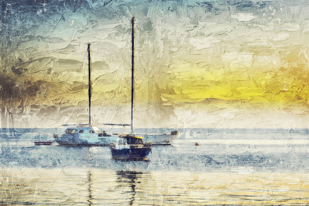 Fototapeta západ slnka bude farbiť jachty v zálive