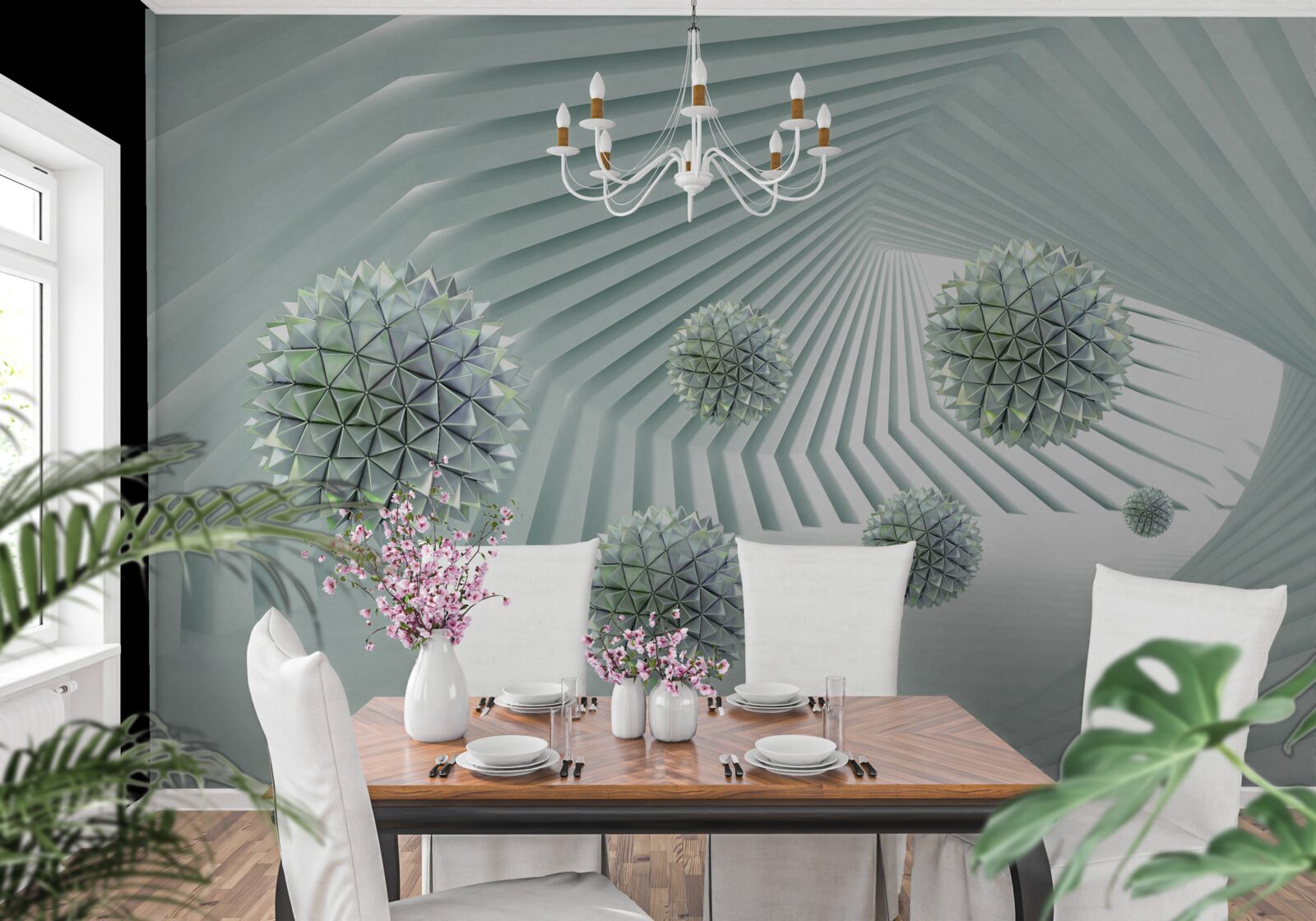 Fototapeta tunel s geometrickými vzormi a lietajúcimi loptičkami