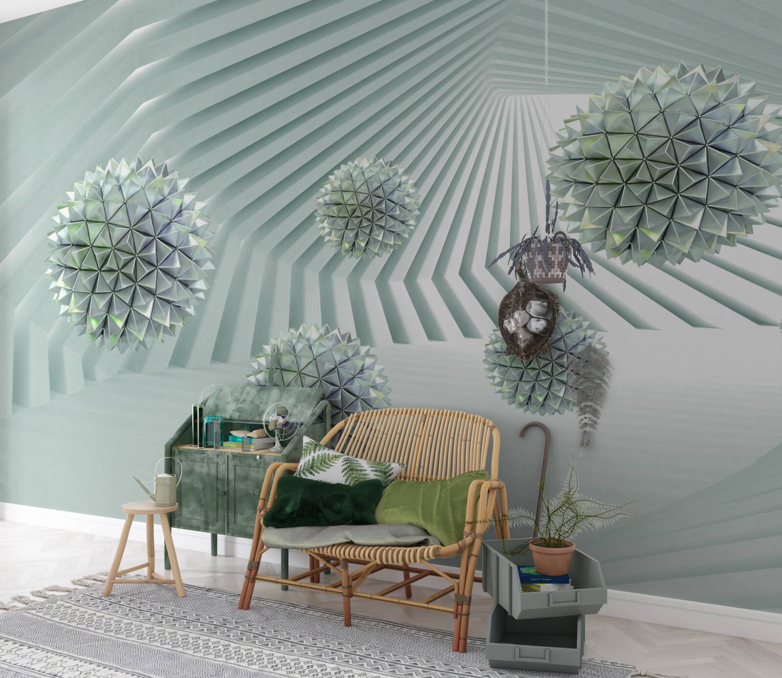 Fototapeta tunel s geometrickými vzormi a lietajúcimi loptičkami