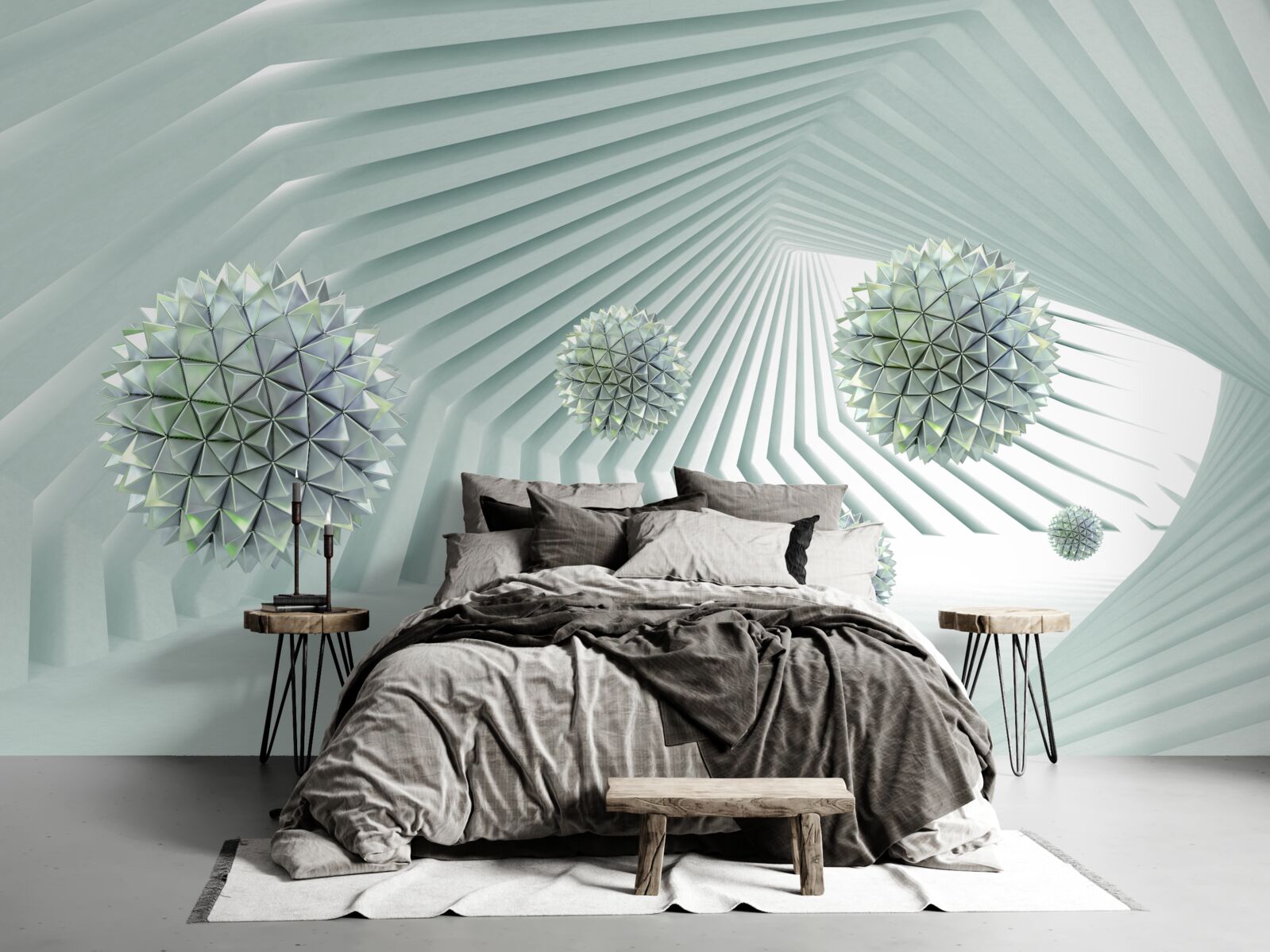 Fototapeta tunel s geometrickými vzormi a lietajúcimi loptičkami