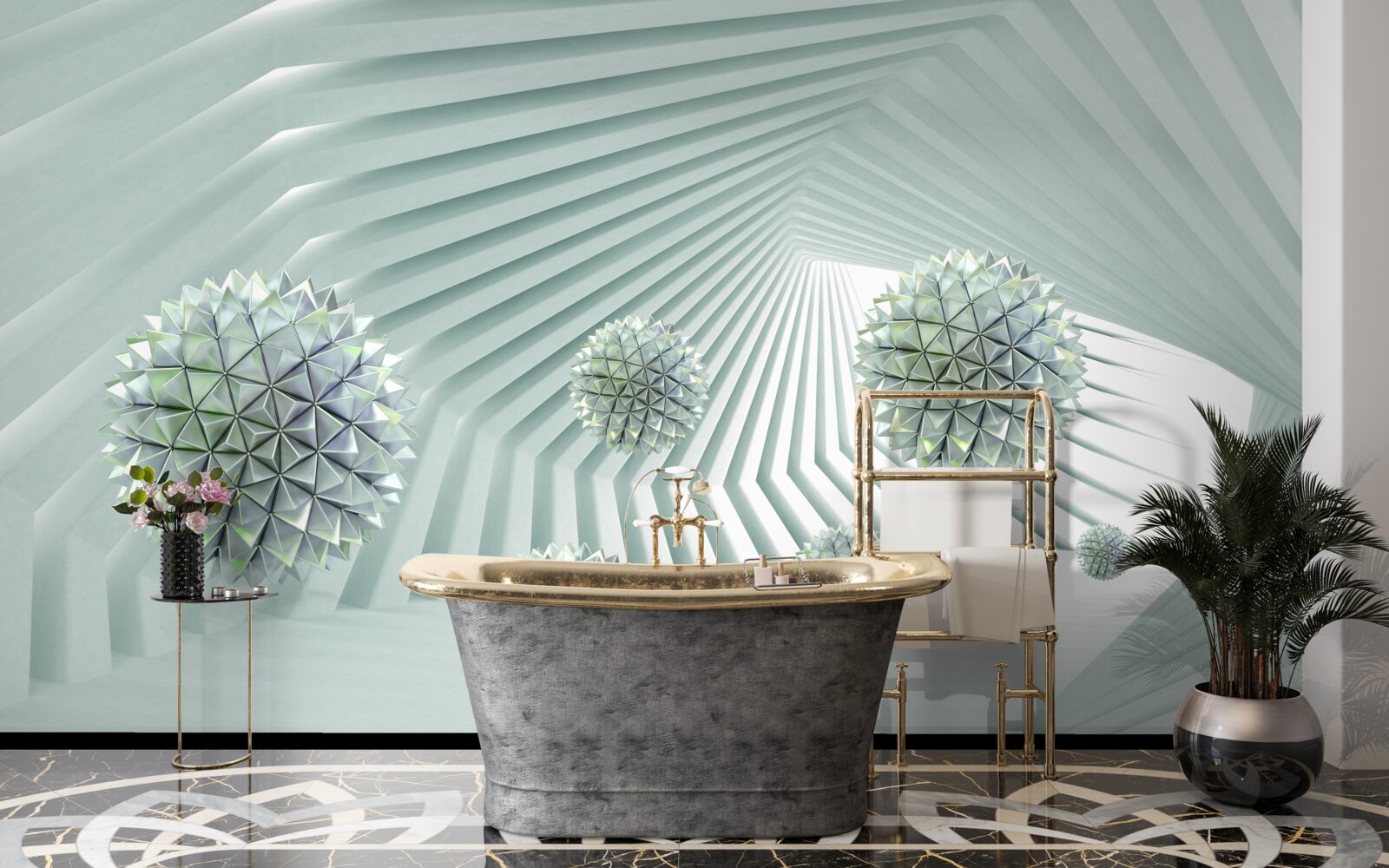 Fototapeta tunel s geometrickými vzormi a lietajúcimi loptičkami