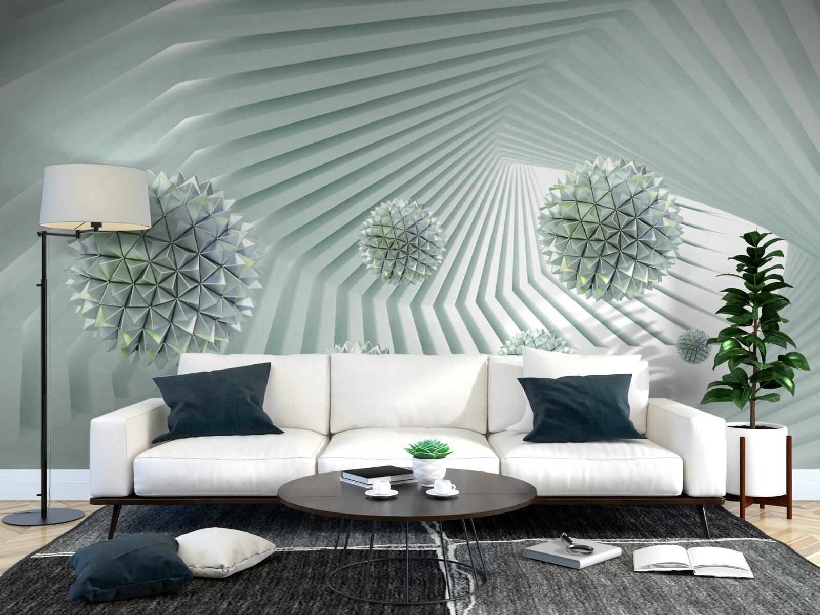 Fototapeta tunel s geometrickými vzormi a lietajúcimi loptičkami