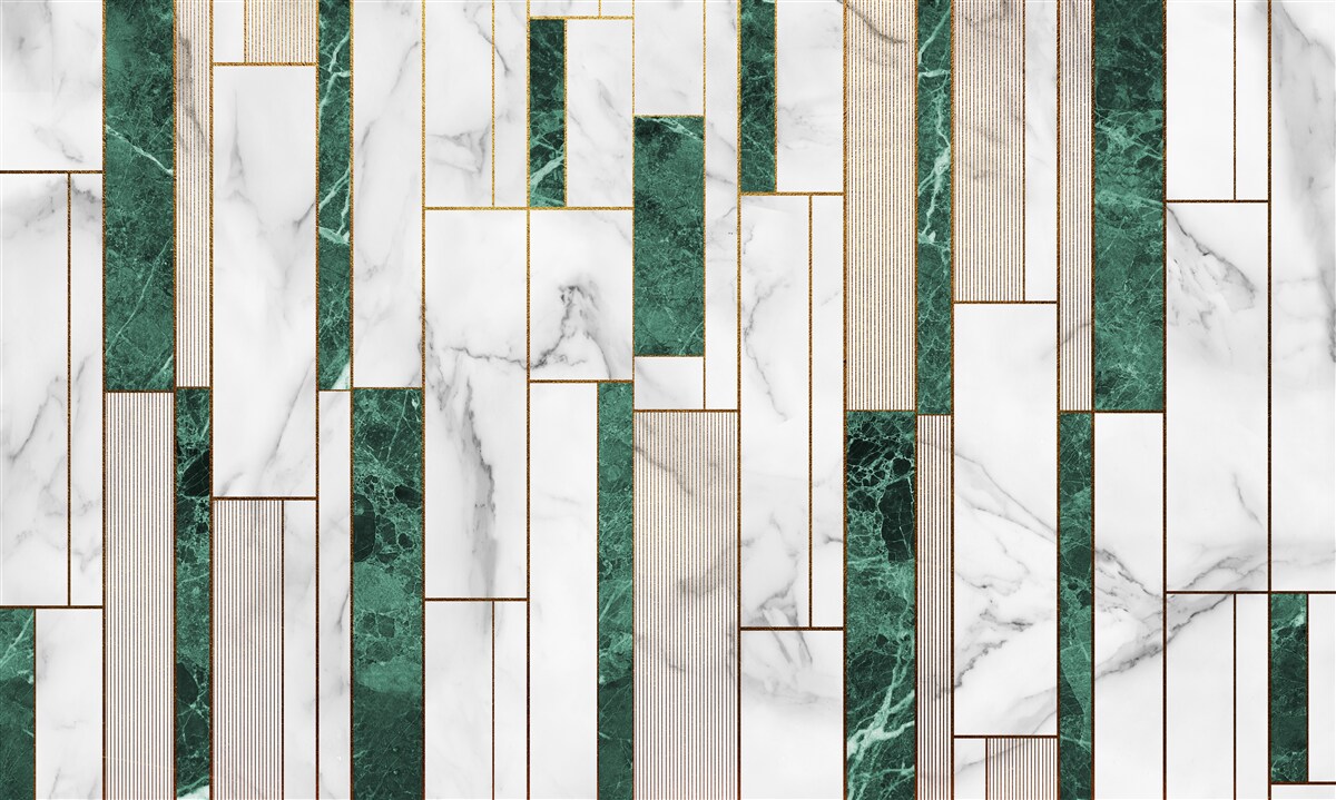 Fototapeta biele a zelené dlaždice vo vertikálnej orientácii so zlatými akcentmi