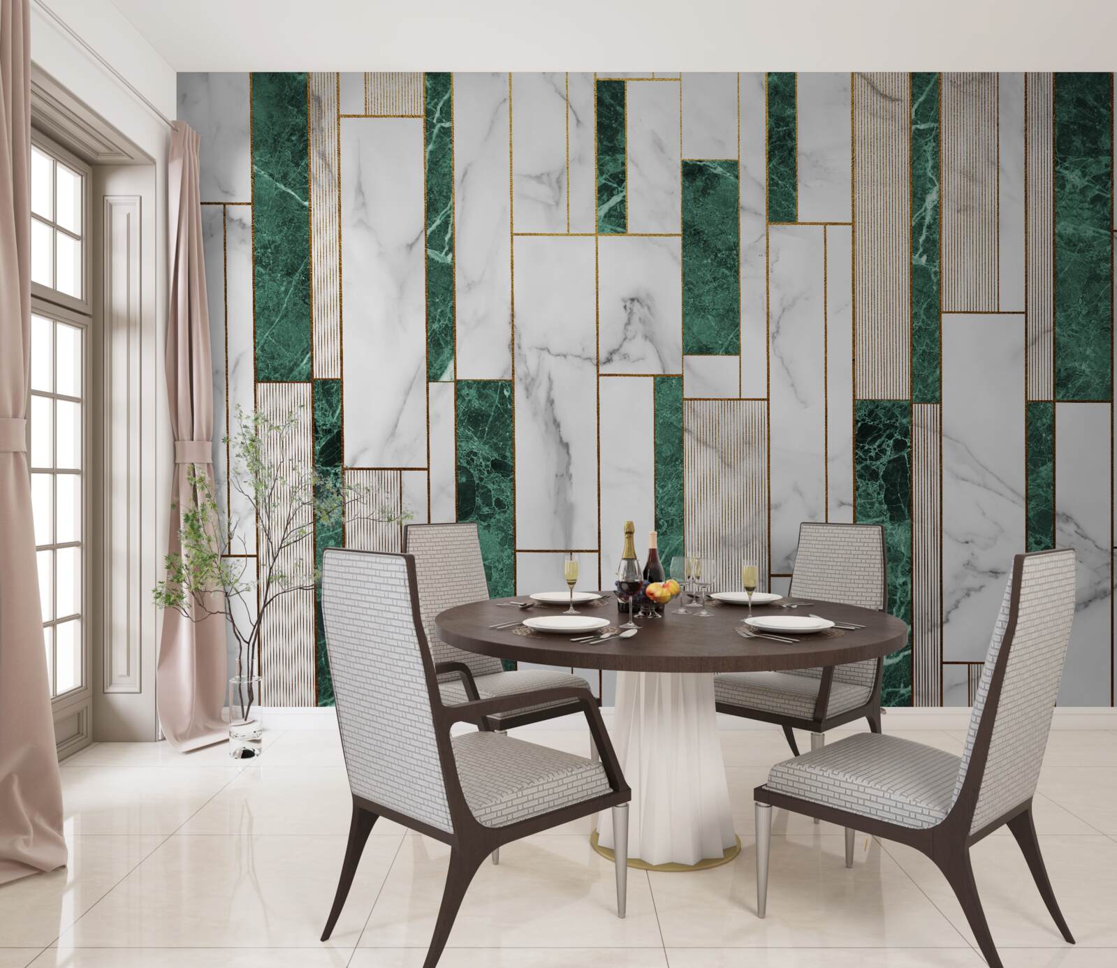 Fototapeta biele a zelené dlaždice vo vertikálnej orientácii so zlatými akcentmi