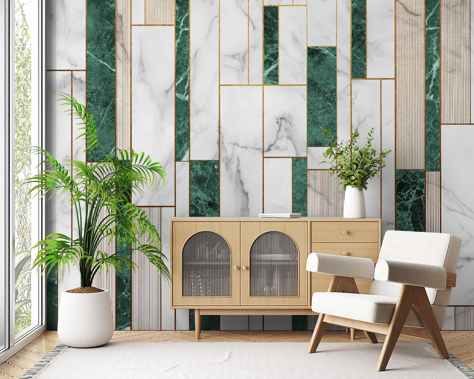 Fototapeta biele a zelené dlaždice vo vertikálnej orientácii so zlatými akcentmi