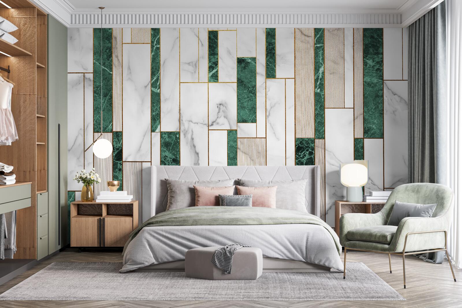 Fototapeta biele a zelené dlaždice vo vertikálnej orientácii so zlatými akcentmi