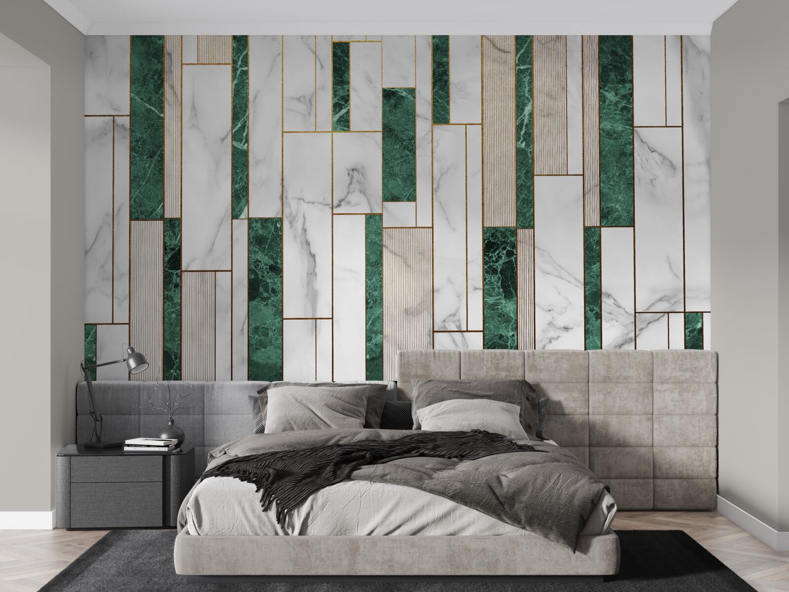 Fototapeta biele a zelené dlaždice vo vertikálnej orientácii so zlatými akcentmi