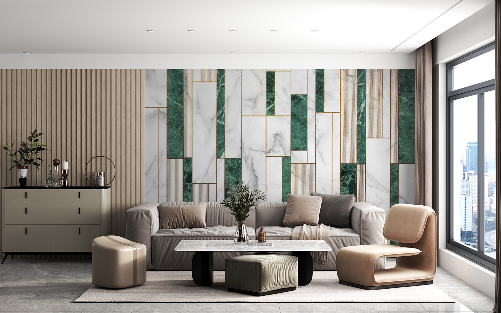 Fototapeta biele a zelené dlaždice vo vertikálnej orientácii so zlatými akcentmi