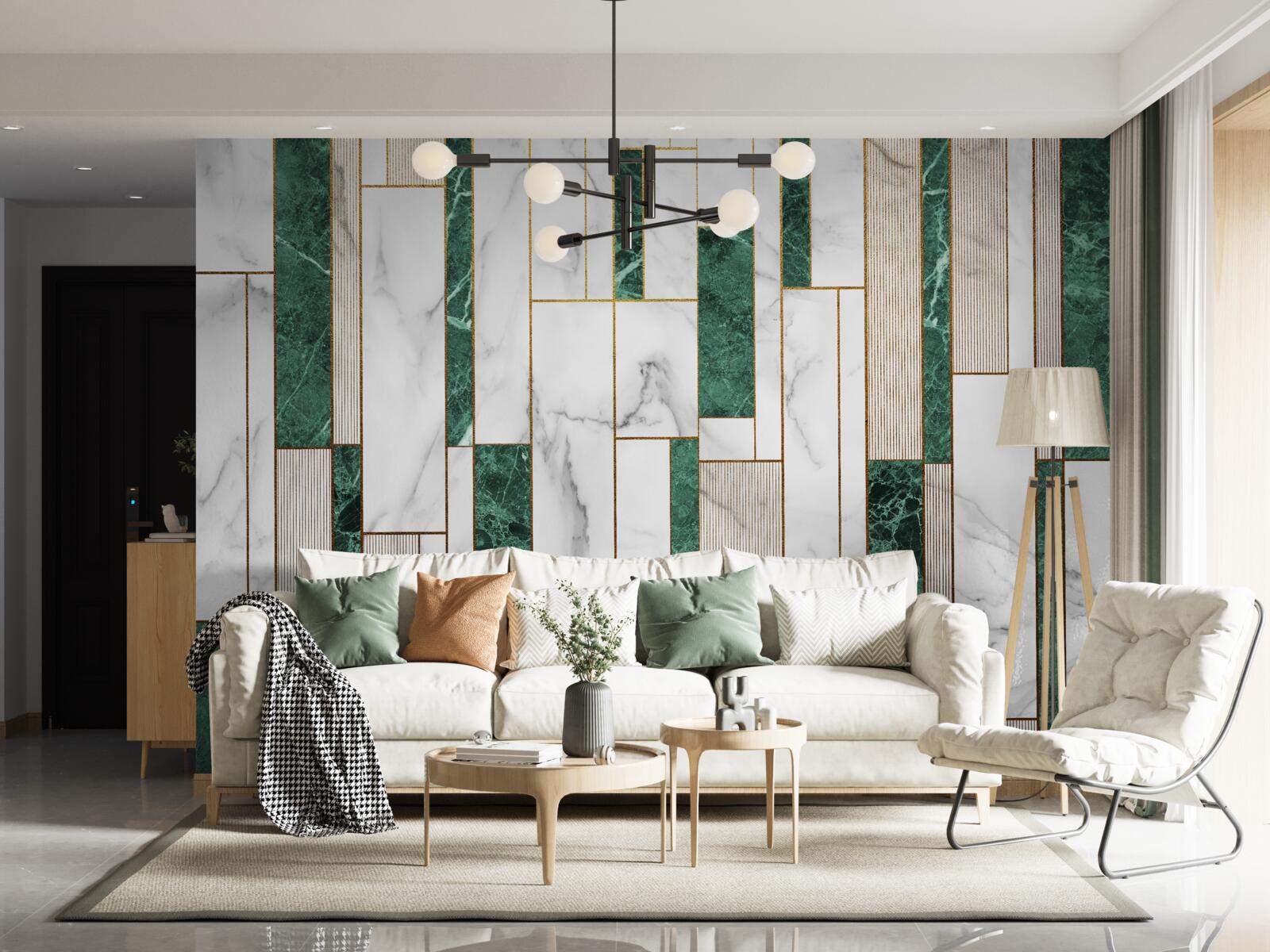 Fototapeta biele a zelené dlaždice vo vertikálnej orientácii so zlatými akcentmi