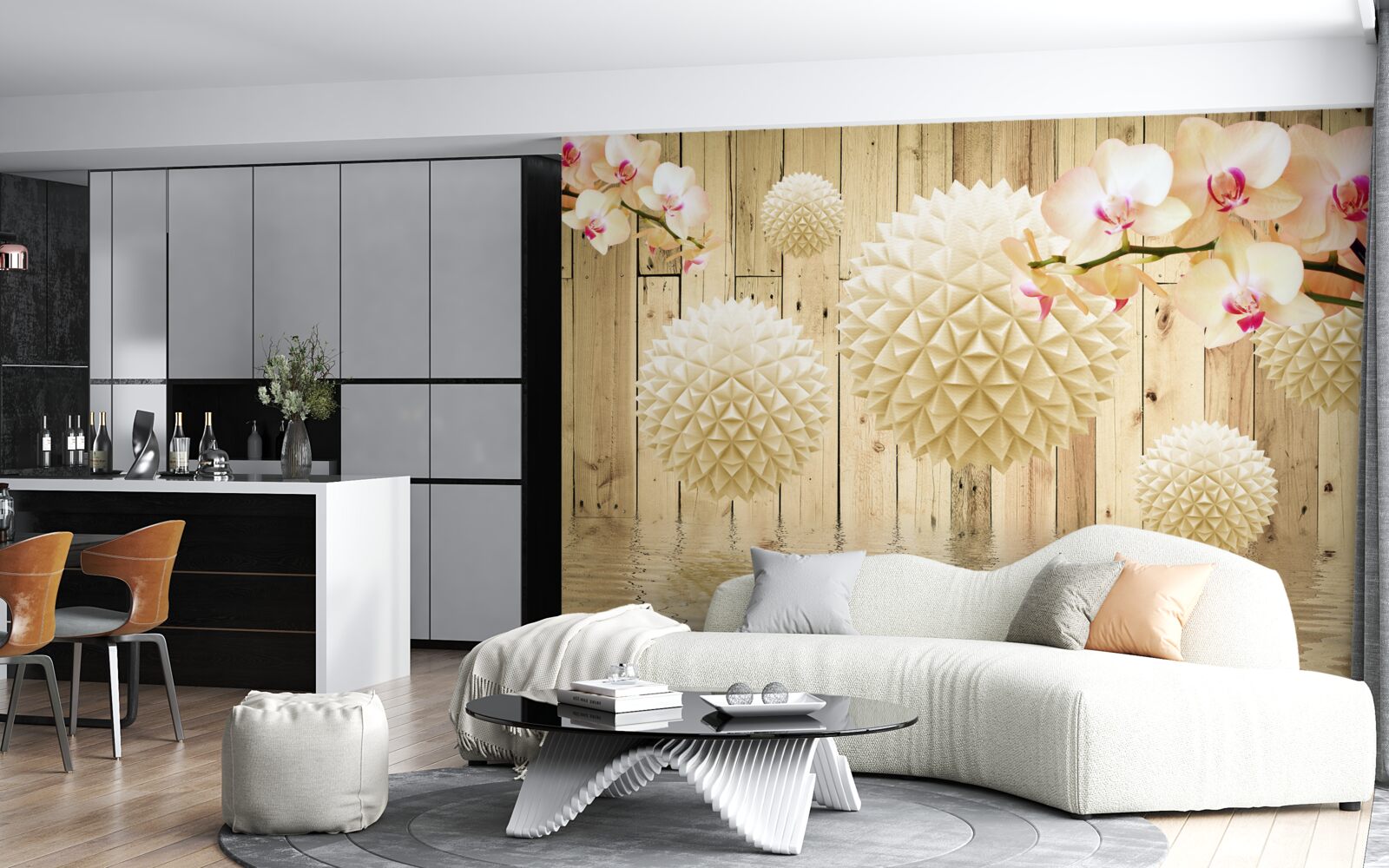 Fototapeta plávajúce oblé tvary s vetvičkami orchideí