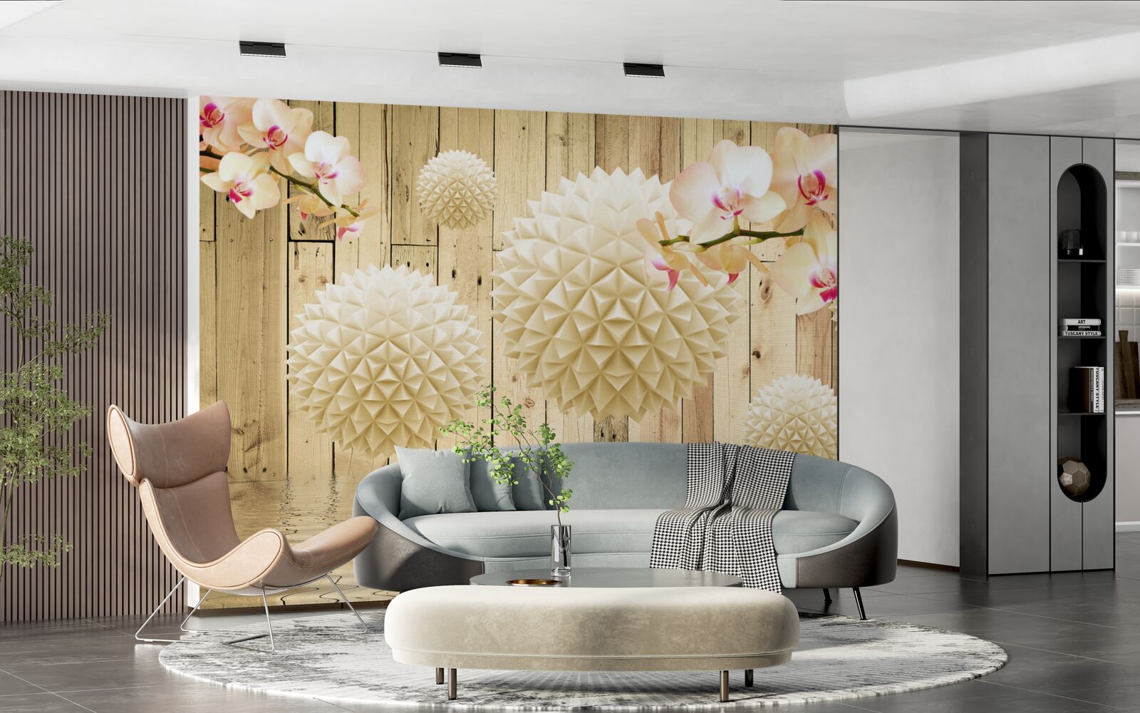 Fototapeta plávajúce oblé tvary s vetvičkami orchideí