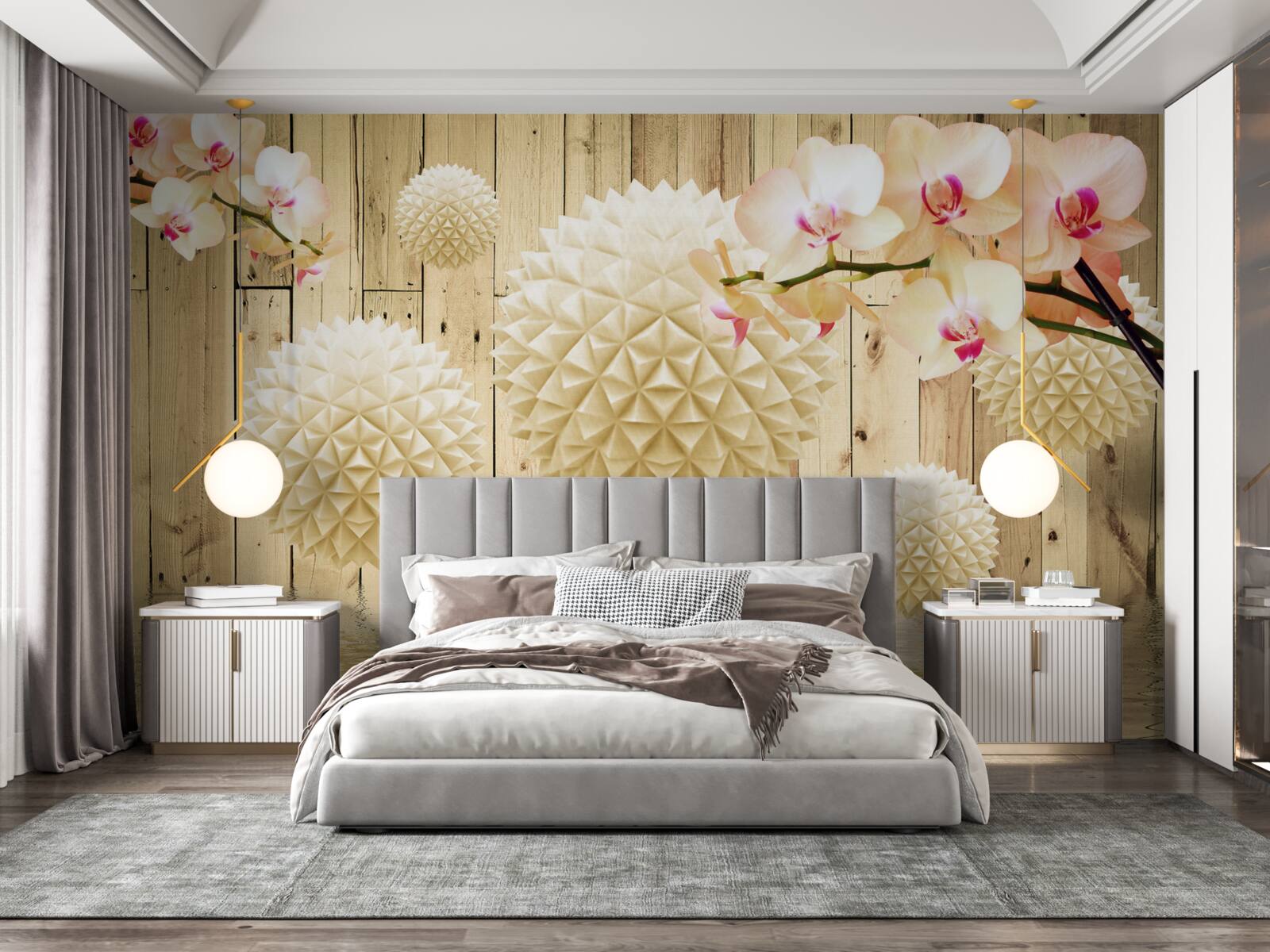 Fototapeta plávajúce oblé tvary s vetvičkami orchideí