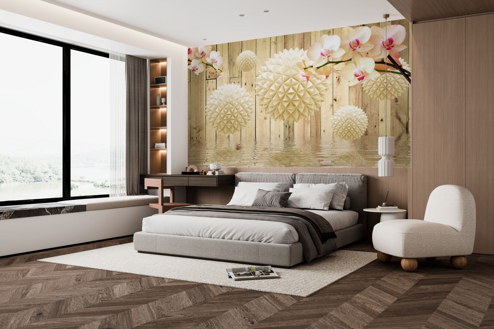 Fototapeta plávajúce oblé tvary s vetvičkami orchideí