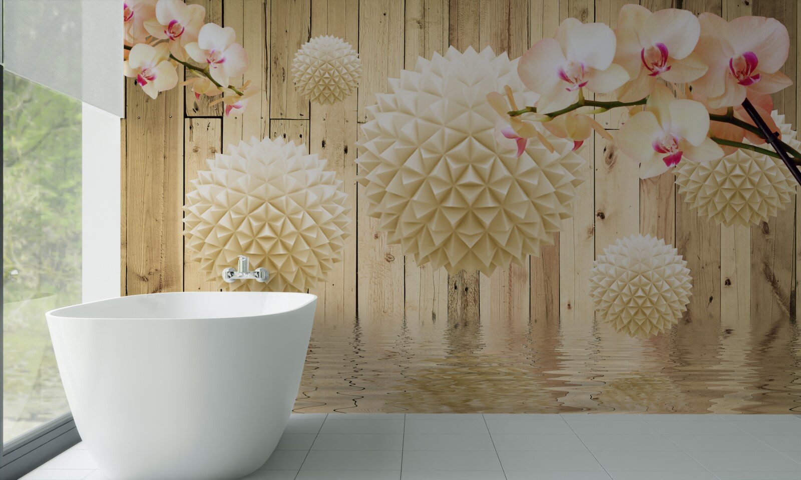 Fototapeta plávajúce oblé tvary s vetvičkami orchideí