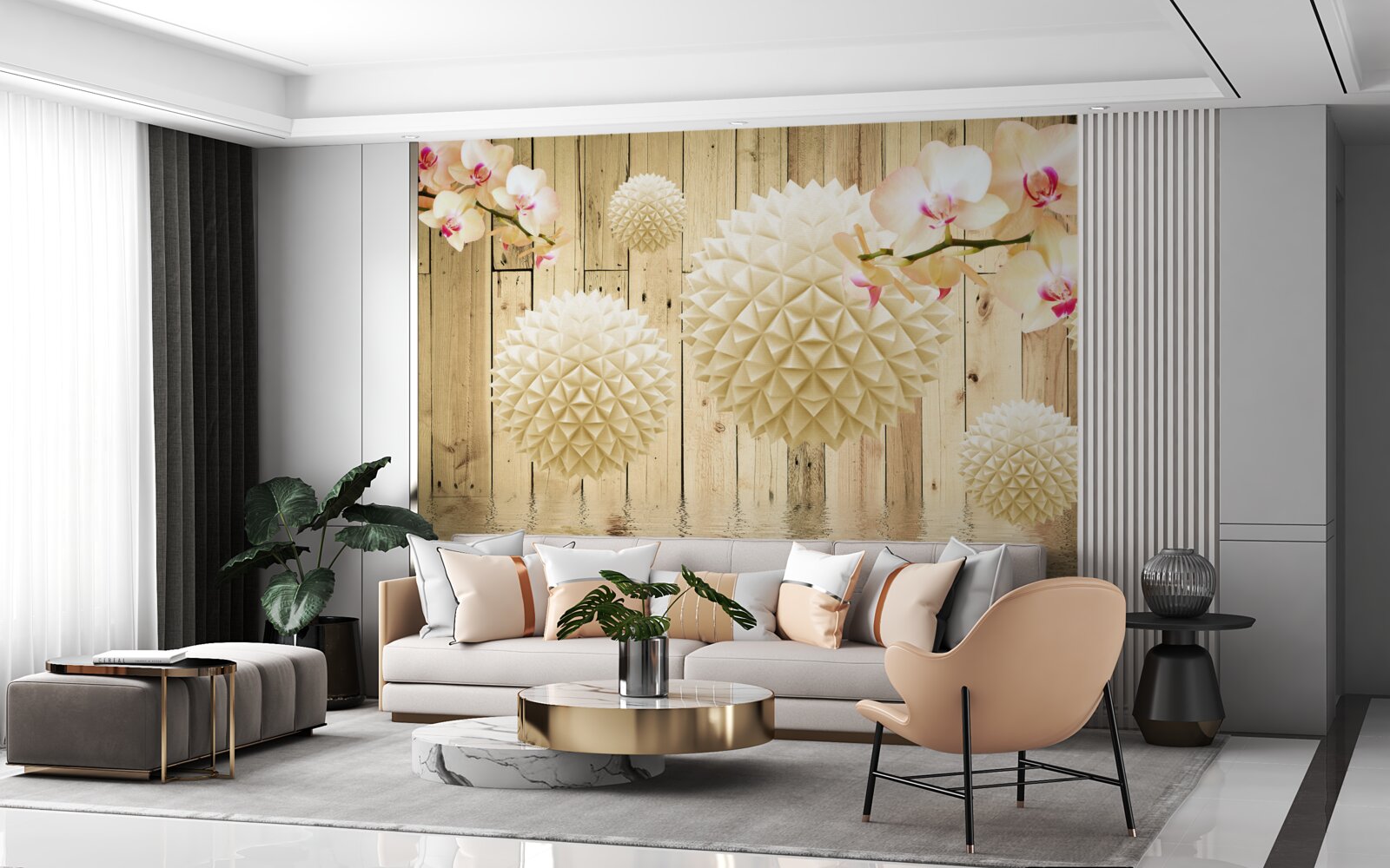 Fototapeta plávajúce oblé tvary s vetvičkami orchideí