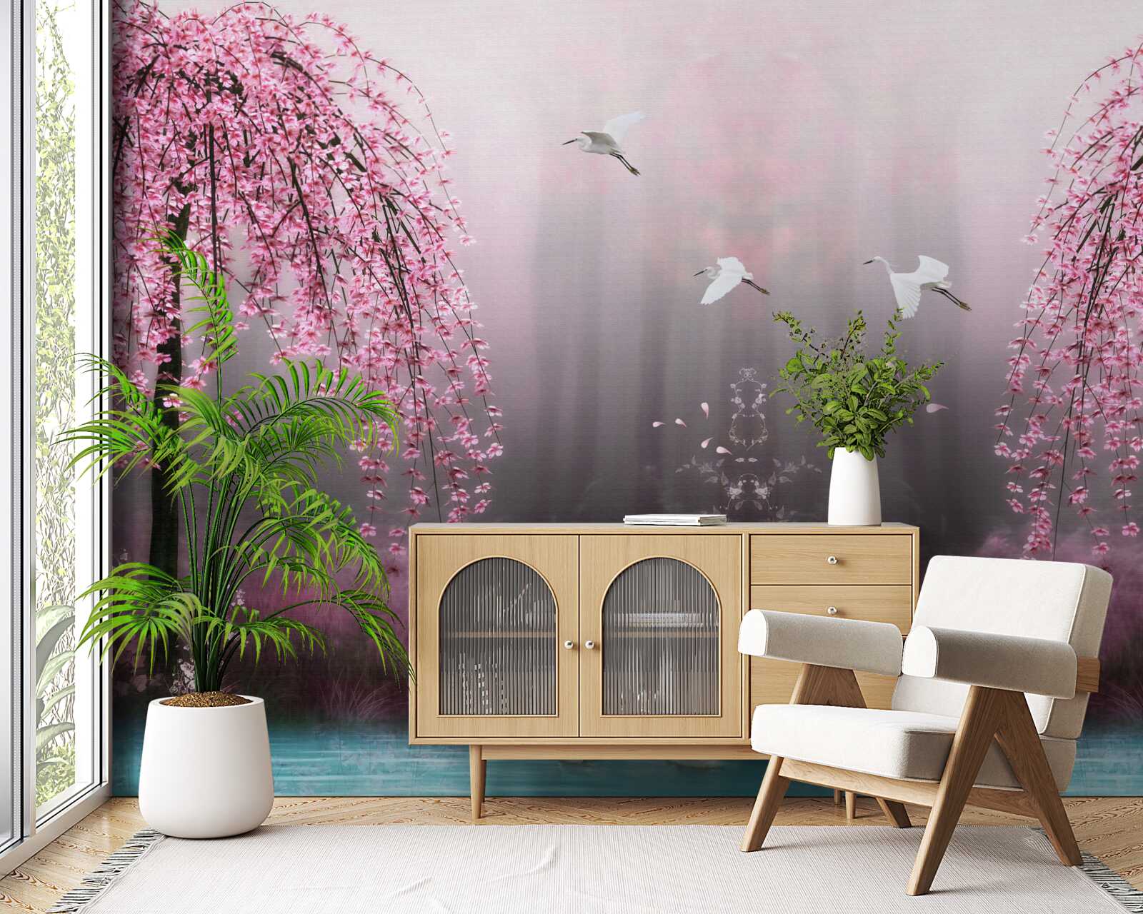 Fototapeta večer, v blízkosti vody s modrým odtieňom, konáre sakury v hustých radoch robia krajinu malebnou