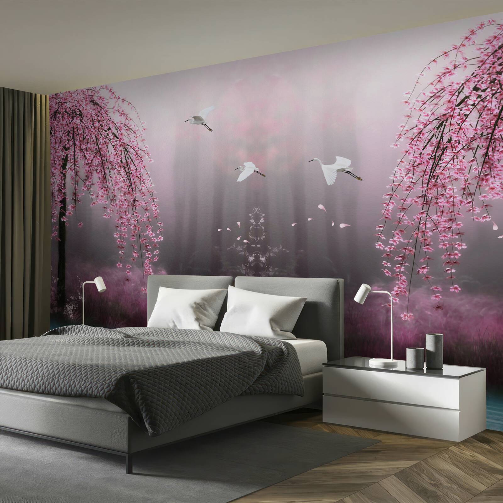 Fototapeta večer, v blízkosti vody s modrým odtieňom, konáre sakury v hustých radoch robia krajinu malebnou