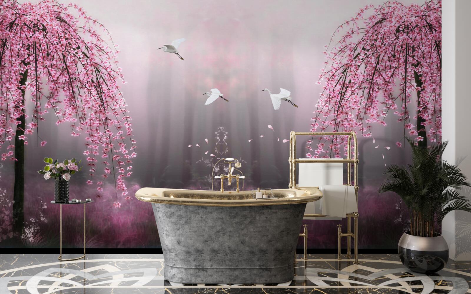 Fototapeta večer, v blízkosti vody s modrým odtieňom, konáre sakury v hustých radoch robia krajinu malebnou