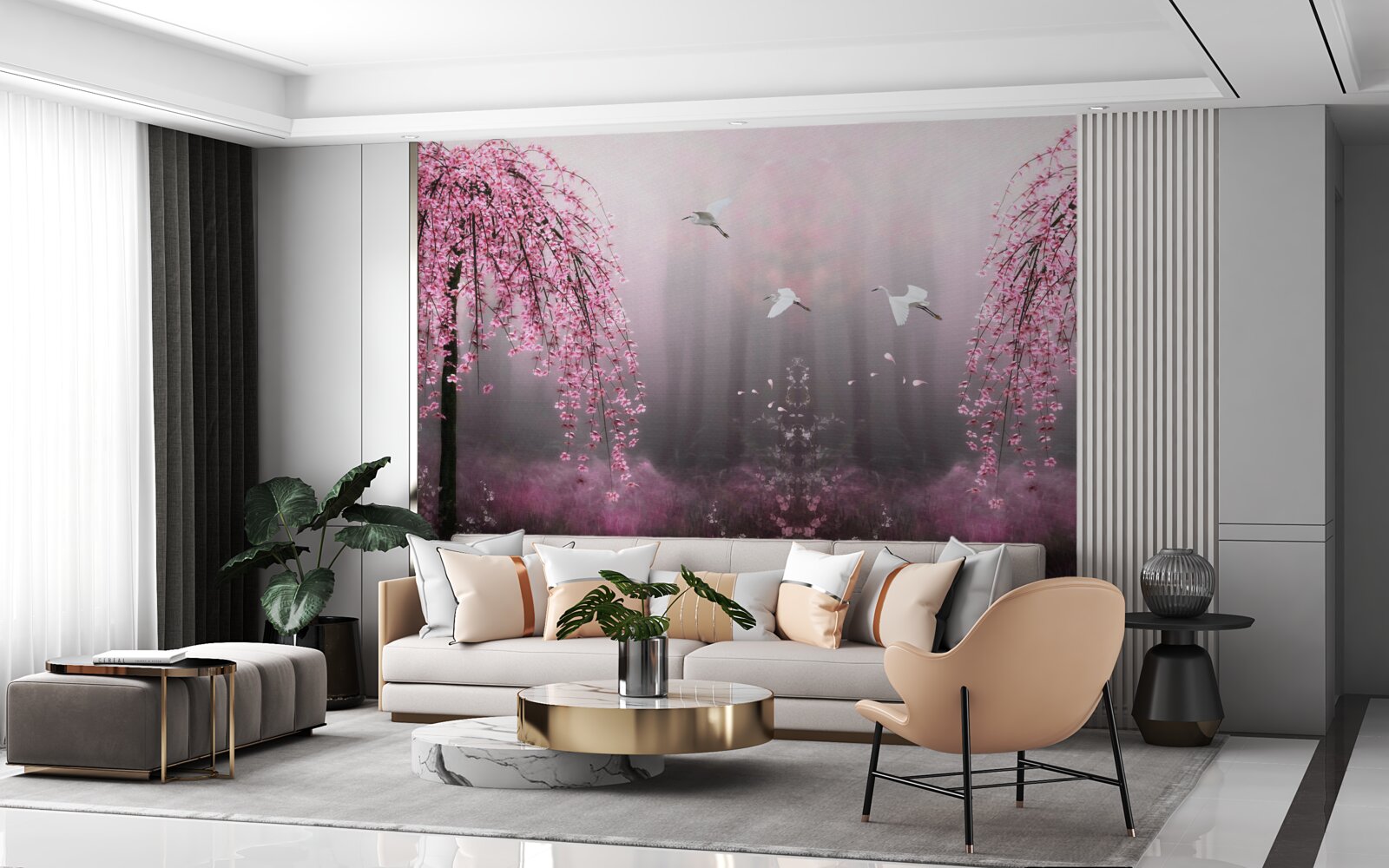 Fototapeta večer, v blízkosti vody s modrým odtieňom, konáre sakury v hustých radoch robia krajinu malebnou