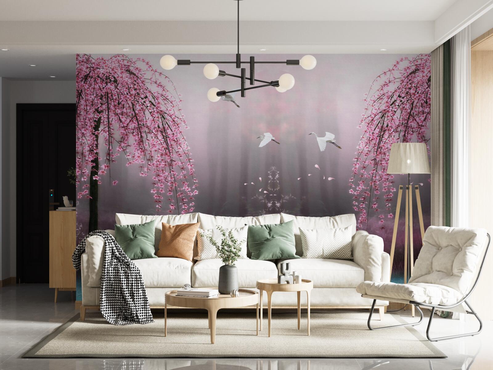 Fototapeta večer, v blízkosti vody s modrým odtieňom, konáre sakury v hustých radoch robia krajinu malebnou