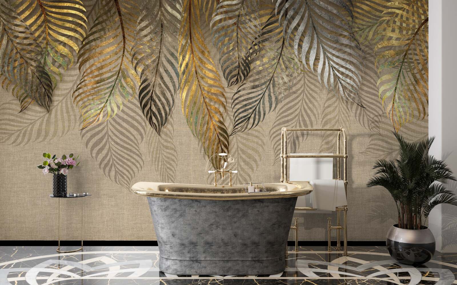 Fototapeta zlaté listy paprade na hnedom pozadí