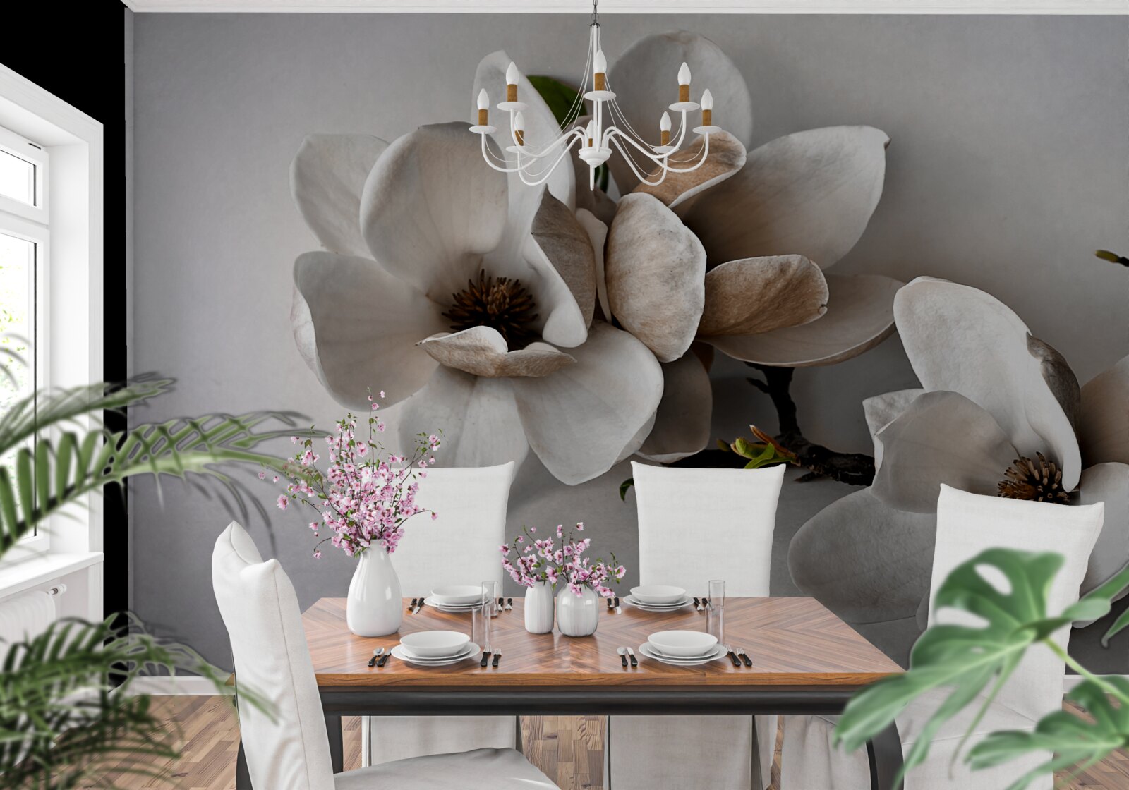 Fototapeta Vetvy majú biele kvety a sú na sivom základe